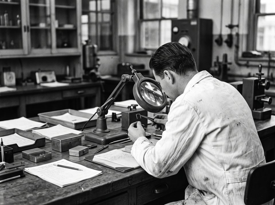 An engineer examining a single staple through a bench magnifier