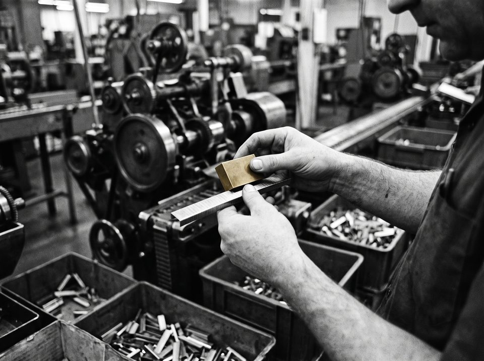 An inspector checking a strip of staples with a brass gauge
