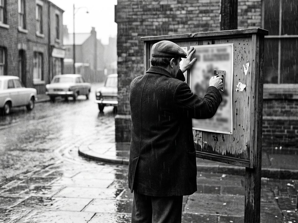 A man stapling a poster to an outdoor noticeboard in the rain