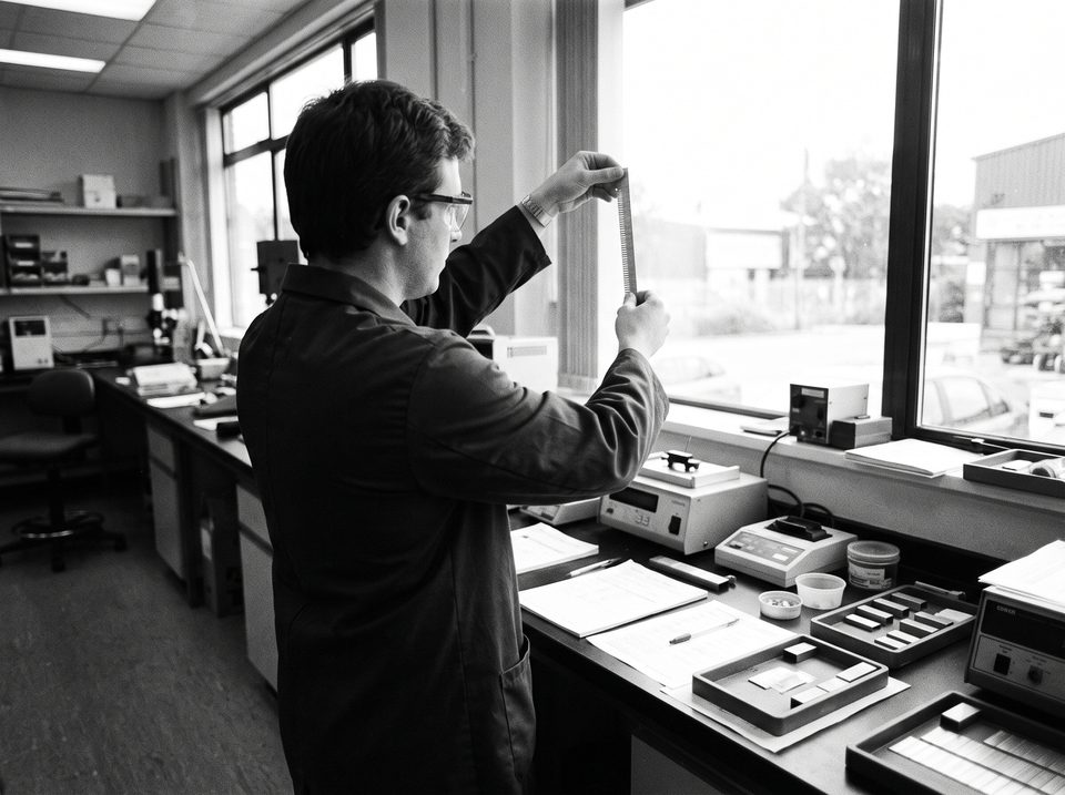 A technician holding a strip of staples up to the light