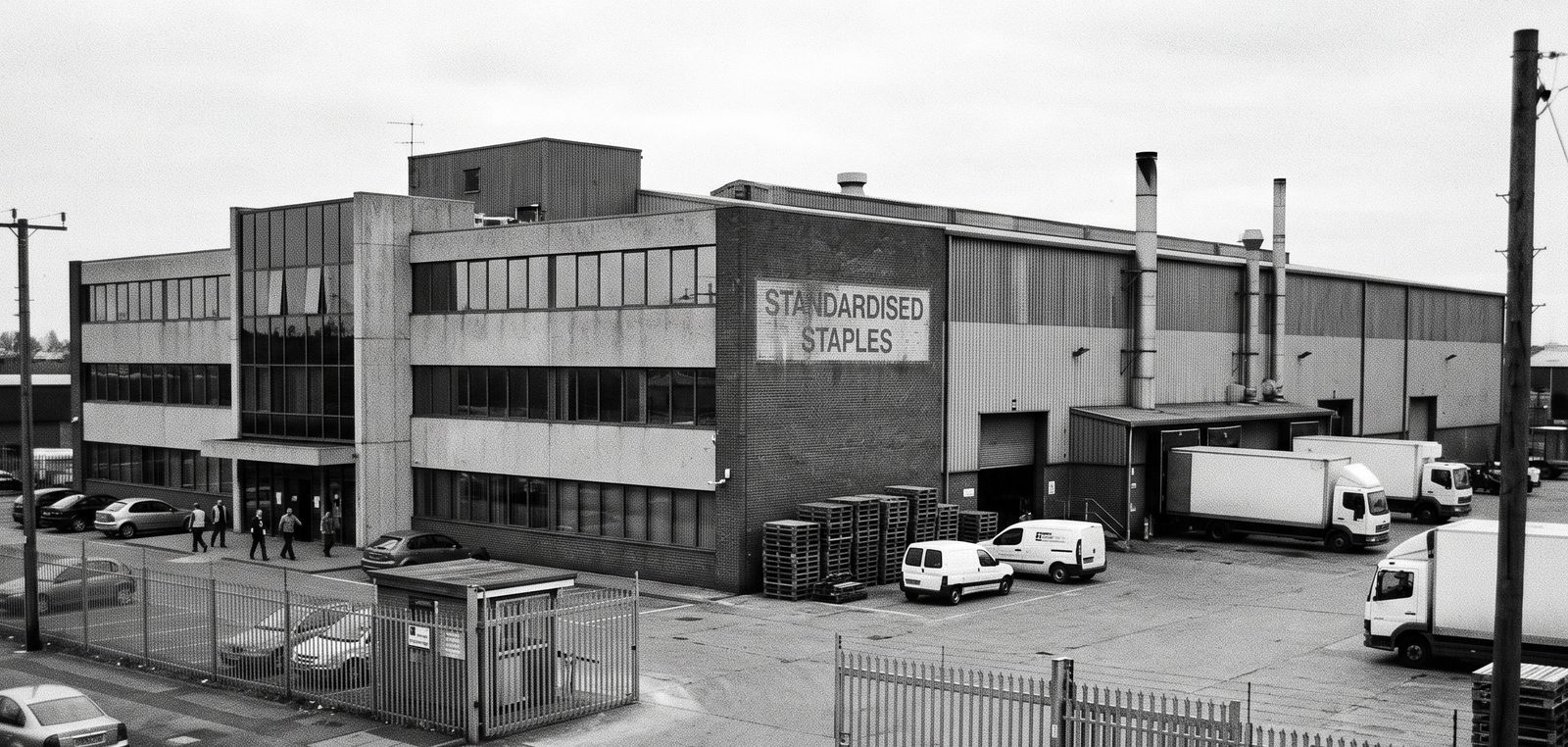 The Standardised Staples factory, with the company name on the building and lorries in the yard