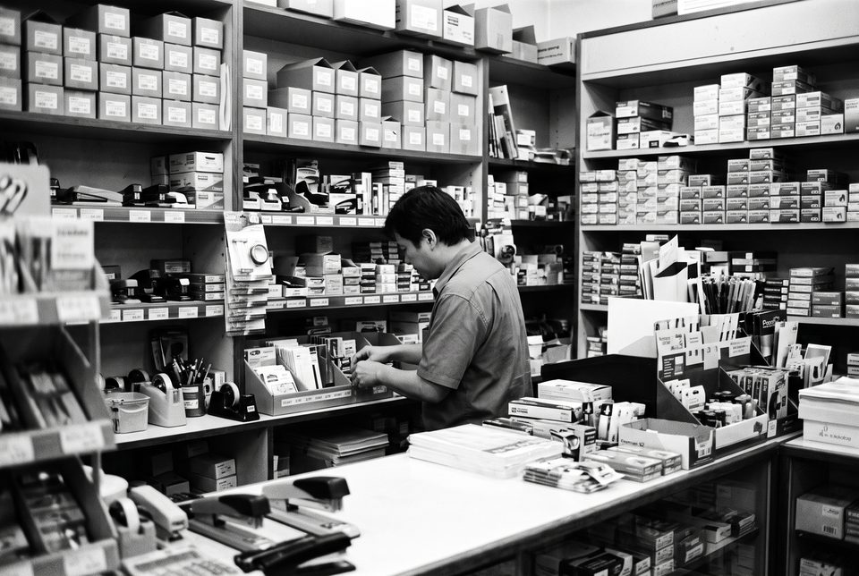 A stationery shop counter stocked with staples and staplers
